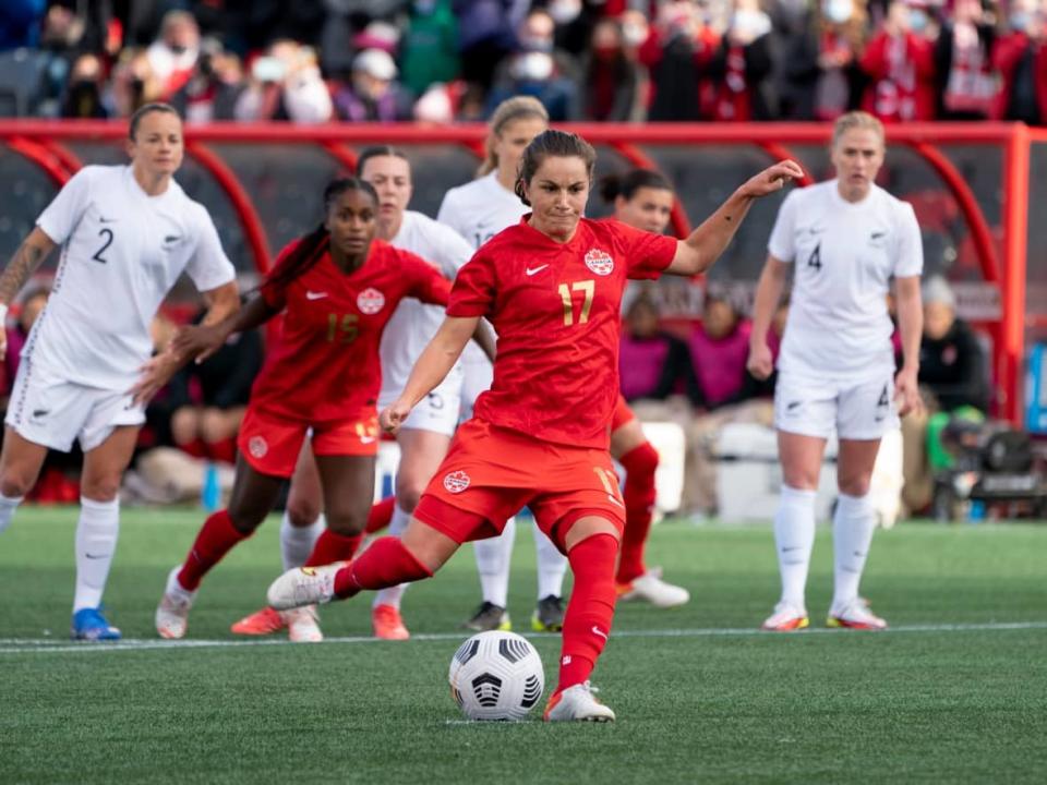 Canada’s Jessie Fleming scores on a penalty shot during the first half of her team's 5-1 victory over New Zealand in Celebration Tour action at TD Place in Ottawa on Saturday. (Adrian Wyld/The Canadian Press - image credit)