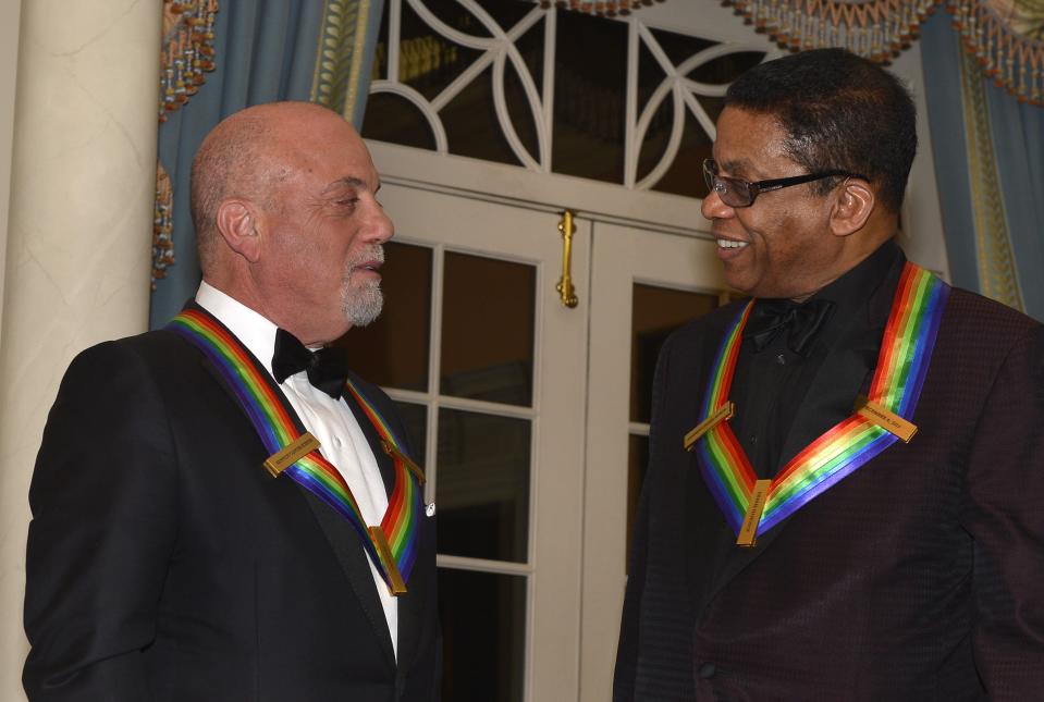 2013 Kennedy Center honorees pianist Joel chats with jazz keyboardist Hancock at the conclusion of a gala dinner at the US State Department in Washington