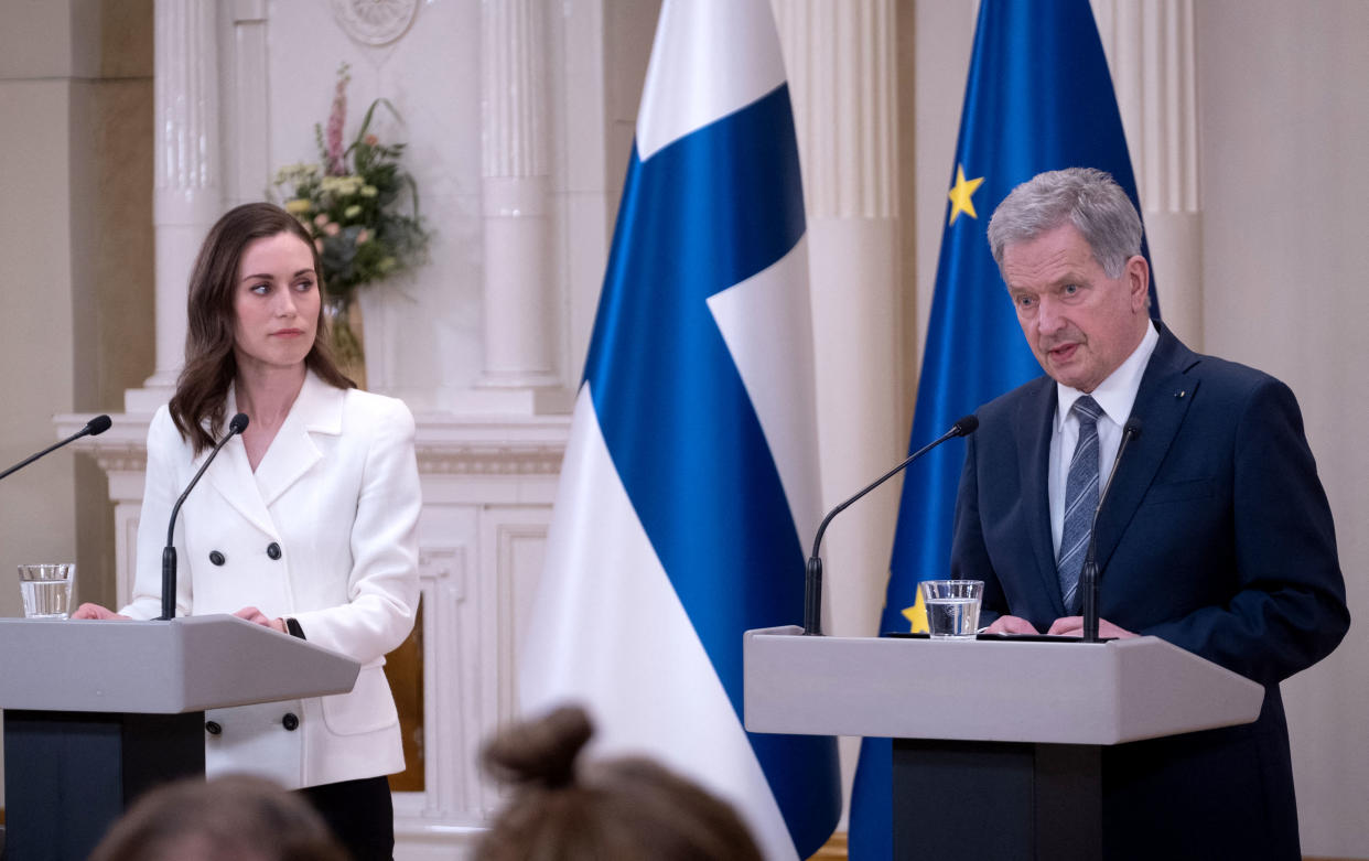 European stock markets fell on Monday TOPSHOT - Finland's Prime Minister Sanna Marin (L) and Finland's President Sauli Niinistö give a press conference to announce that Finland will apply for NATO membership at the Presidential Palace in Helsinki, Finland on May 15, 2022. - 