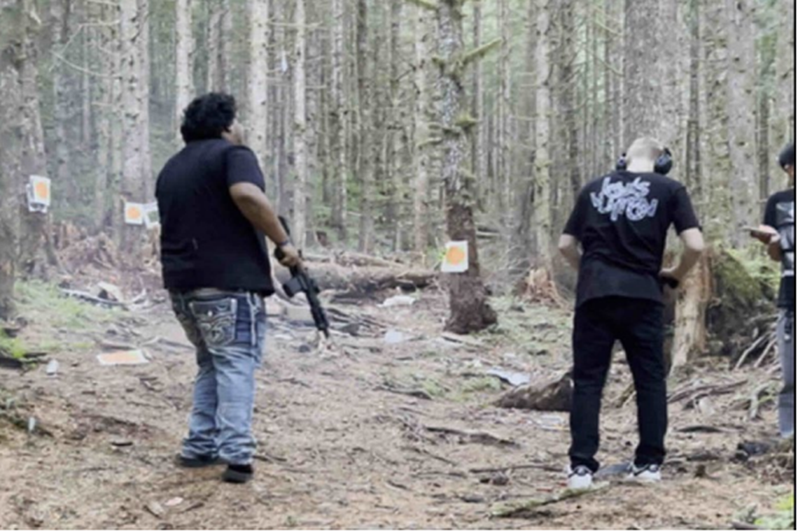 An undated image included in federal court documents shows defendants’ Matthew Gudino-Pena and Hunter O’Mealy firing semi-automatic weapons they obtained while operating their illegal drug organization.