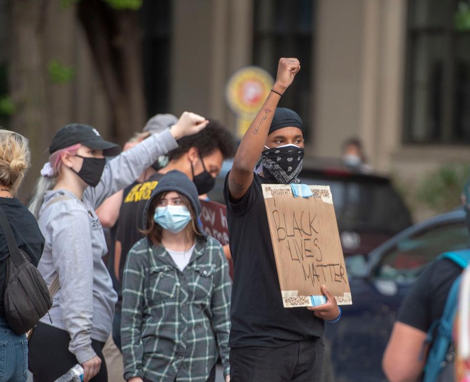 A group held a peaceful protest around the Lancaster City police station in Pennsylvania on Sept. 14, 2020, one day after an officer fatally shot Ricardo Munoz.