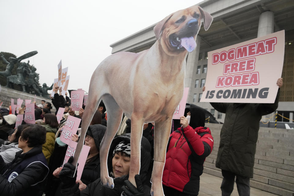 Animal rights activists attend a protest rally supporting the government-led dog meat banning bill at the National Assembly in Seoul, South Korea, Tuesday, Jan. 9, 2024. South Korea's parliament on Tuesday passed a landmark ban on production and sales of dog meat, as public calls for a prohibition have grown sharply over concerns about animal rights and the country's international image. (AP Photo/Ahn Young-joon)