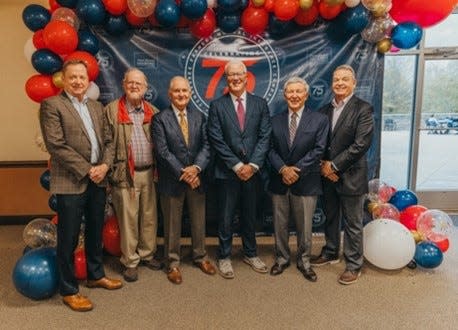 “The legacy of our past leaders is a testament to the enduring success of our company. Their vision and values continue to guide us today," Pannell said. Pictured are retired COO of the Property & Casualty company John Law, retired VP of Auto Underwriting Sam McDaniel, retired CEO Sonny Scoggins, current CEO Jeff Pannell, retired CEO Hulet Chaney, and retired COO of the Life company Neal Townsend.