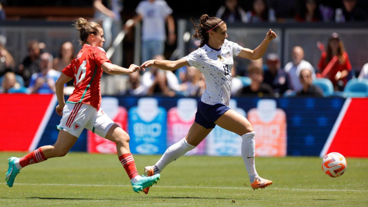  Alex Morgan of the United States strikes the ball during the first half of an international friendly against Wales at PayPal Park on July 09, 2023 in San Jose, California 