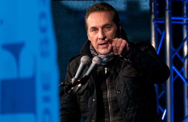 Austrian Freedom Party (FPOe) leader Heinz-Christian Strache speaks during a demonstration against a refugee home in Vienna on April 18, 2016