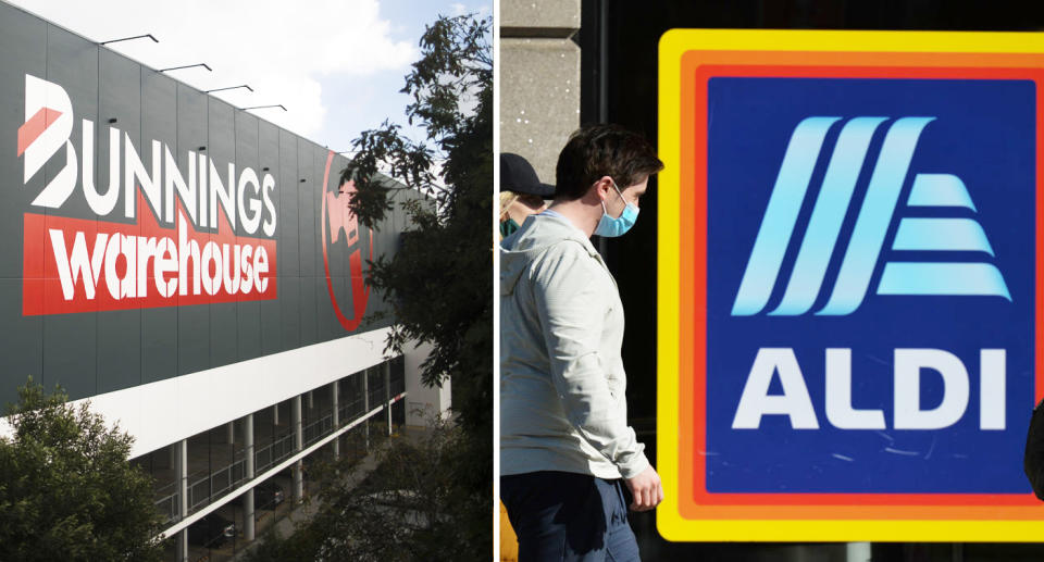 Pictured are exteriors of a Bunnings and an Aldi. They were announced as Covid exposure sites in Melbourne's new outbreak.