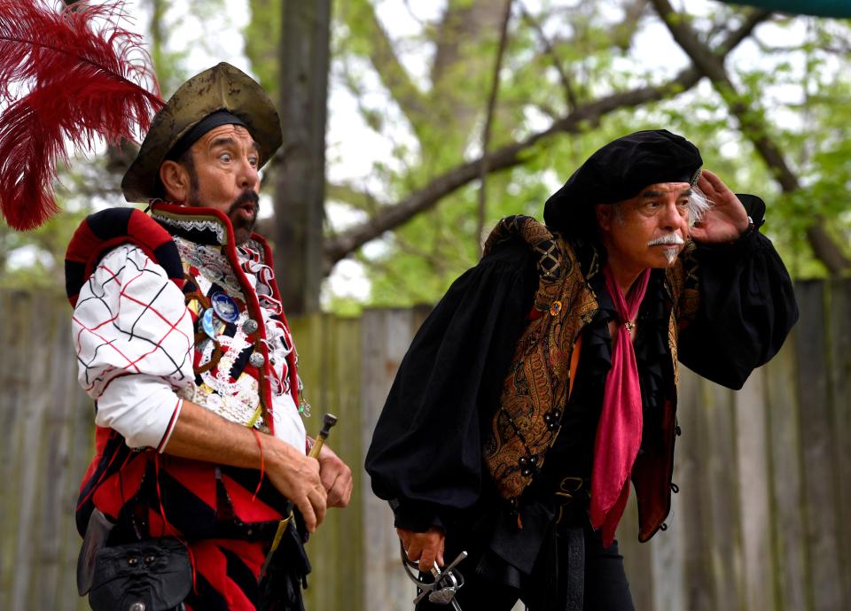 Doug Kondziolka (left) as Miguel, reacts to Jose Granados Don Juan in the Don Juan and Miguel show at Scarborough Renaissance Festival in Waxahachie on April 9. The duo have worked together for 45 years, performing as Scarborough for 39 of them.