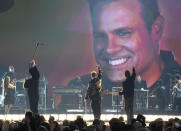 <p>Eddie Montgomery, Gary LeVox, and Jay DeMarcus perform onstage at the 51st annual CMA Awards at the Bridgestone Arena on November 8, 2017 in Nashville, Tennessee. (Photo by Rick Diamond/Getty Images) </p>