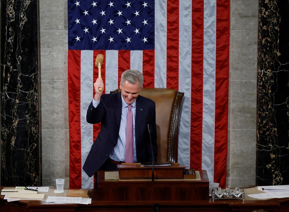 U.S. Speaker of the House Kevin McCarthy (R-CA) hits the gavel after being elected Speaker in the House Chamber at the U.S. Capitol Building on January 07, 2023 in Washington, DC.