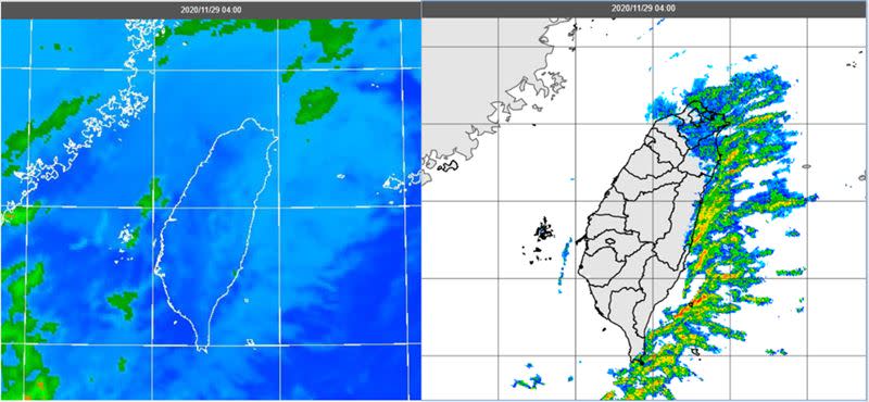 圖：今(29日)晨4時紅外線色調強化雲圖(左圖)顯示，東北季風受地形舉升形成的層狀雲，覆蓋北台灣；4時雷達回波合成圖(右圖)顯示，北台灣陸地上的滯留性回波，大部分強度偏弱。