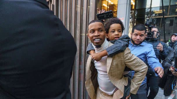 PHOTO: In this Dec. 13, 2022 file photo Rapper Tory Lanez walks out of the courthouse while holding his 5-year-old son Kai'Lon in Los Angeles. (Damian Dovarganes/AP, FILE)