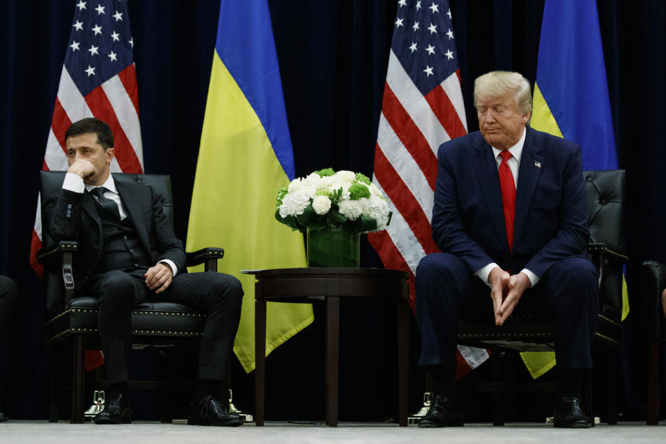 President Donald Trump meets with Ukrainian President Volodymyr Zelenskiy at the InterContinental Barclay New York hotel during the United Nations General Assembly, Wednesday, Sept. 25, 2019, in New York. (Photo/Evan Vucci/AP) 