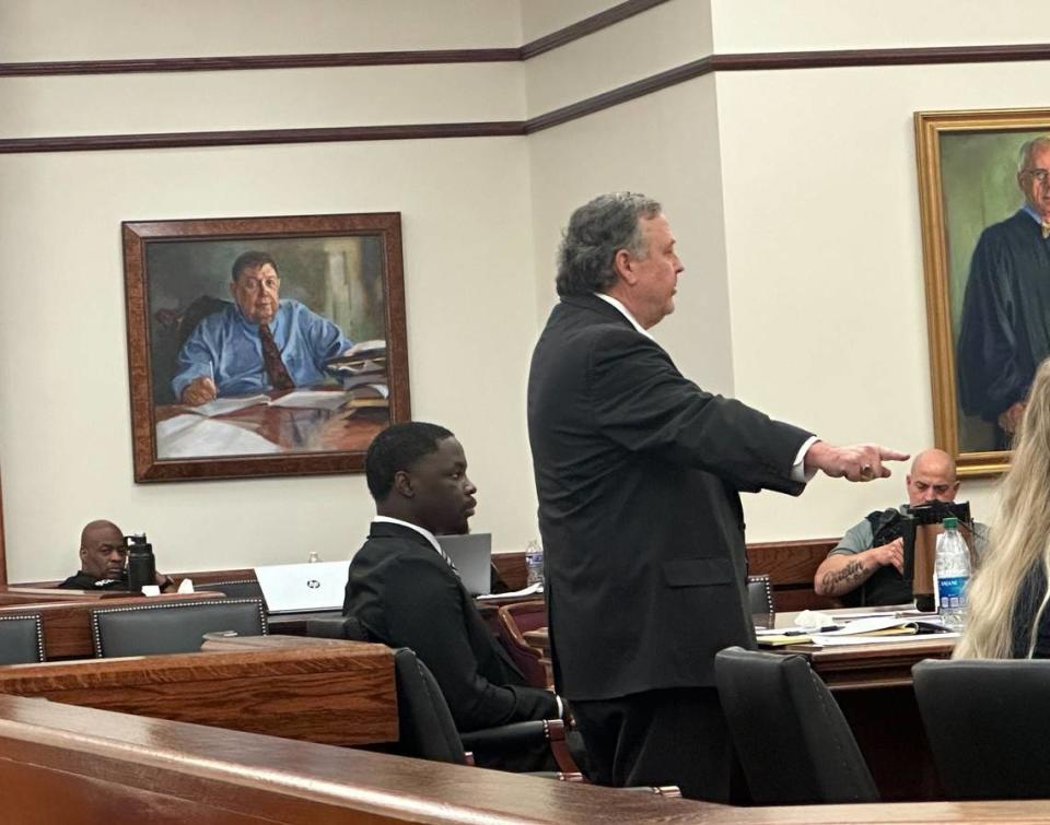 Port Royal defense attorney Jared Newman speaks to the judge Tuesday on behalf of his client Terrance Wing, who was found guilty in the 2019 murder of Hilton Head teen Trey Blackshear. Trial proceedings began April 8 at the Beaufort County Courthouse.