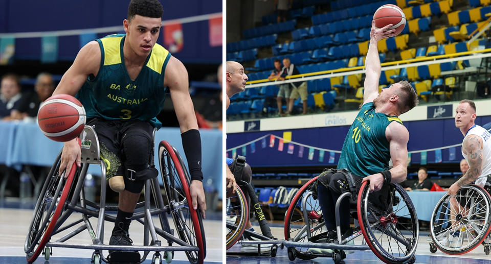 Jaylen Brown and Jannik Blair playing wheelchair basketball.