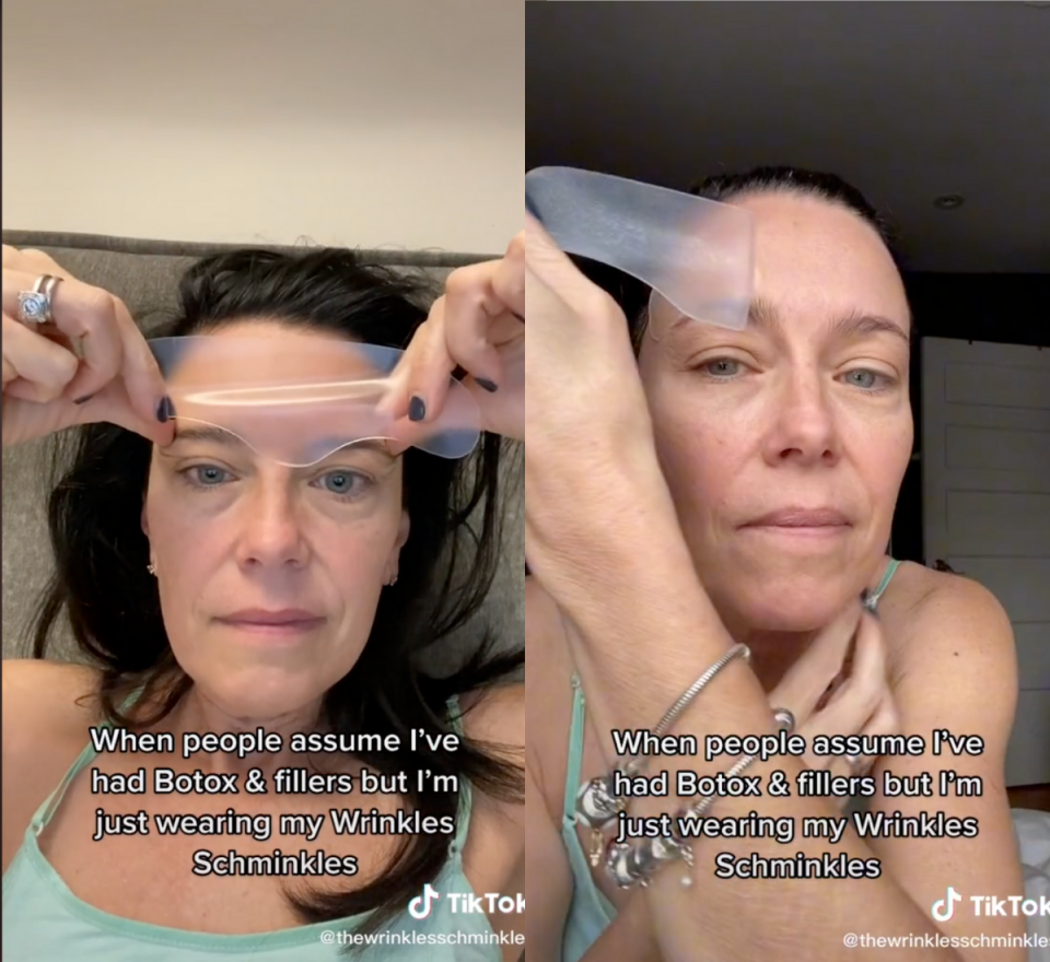 Screenshots from the Wrinkles Schminkle's TikTok showing a woman applying and removing a forehead patch with text saying: 