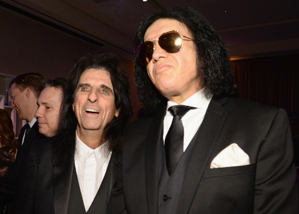 BEVERLY HILLS, CA - FEBRUARY 14:  Alice Cooper and Gene Simmons attend the 2016 Pre-GRAMMY Gala and Salute to Industry Icons honoring Irving Azoff at The Beverly Hilton Hotel on February 14, 2016 in Beverly Hills, California.  (Photo by Kevin Mazur/WireImage)