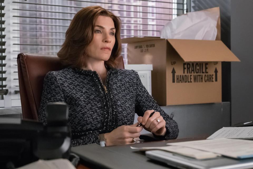 In this image released by CBS, Julianna Margulies appears in a scene from, "The Good Wife." “The Good Wife” started in 2009 with a slap. In a hallway away from cameras, Julianna Margulies' Alicia Florrick smacked her philandering politician husband. For the next several seasons we watched her pull out from the shadow of her husband and forge a new identity. (Jeff Neumann/CBS via AP)