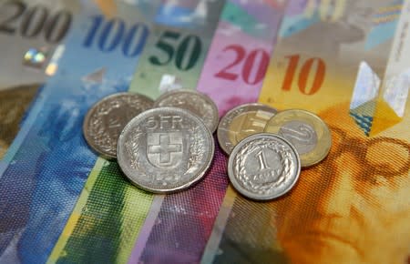 FILE PHOTO: Polish Zloty and Swiss Franc coins lay on top of various Swiss Franc notes in this picture illustration at a bank in Warsaw