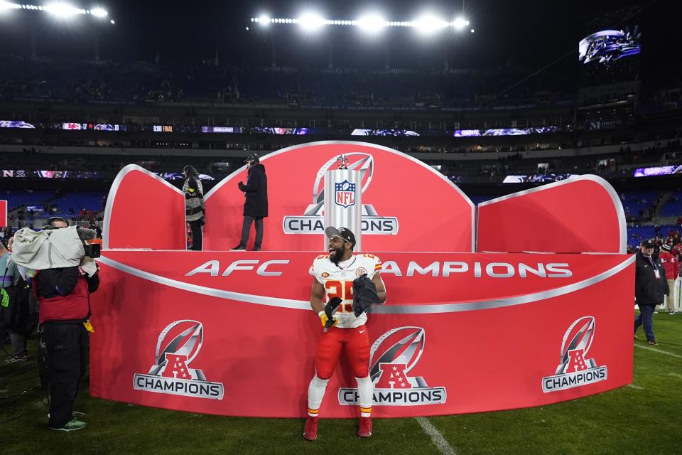 Kansas City Chiefs running back Clyde Edwards-Helaire (25) celebrates after the AFC Championship NFL football game against the Baltimore Ravens, Sunday, Jan. 28, 2024, in Baltimore. The Chiefs won 17-10. (AP Photo/Matt Slocum)