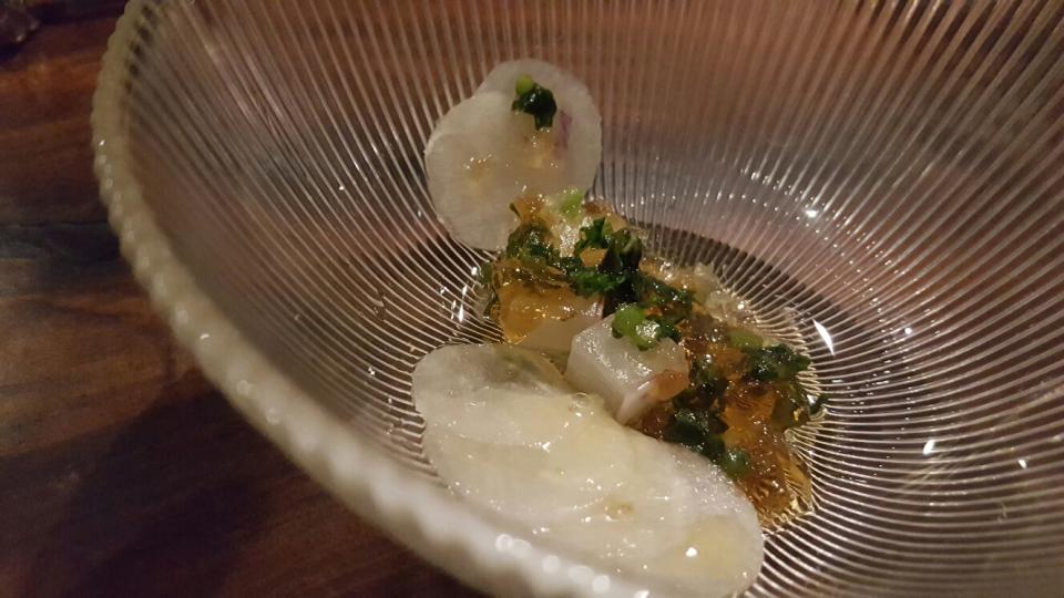 <p>“Underneath there was a sort of radish jelly vinegar reduction, the radish tops and cubes of marinated radish. It was fresh and tart and a really good transition from the richness of the previous course.” <em>[Photo: Imgur]</em> </p>