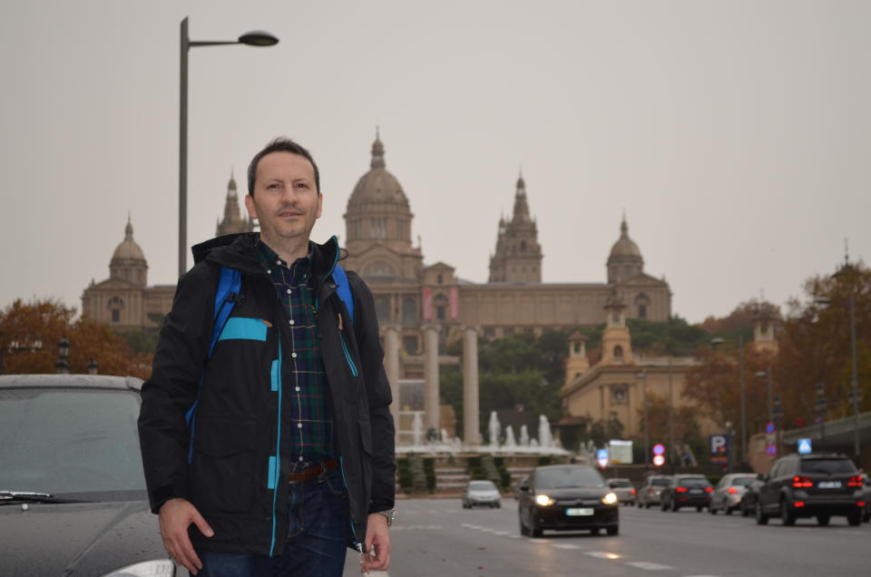 This image provided by Vida Mehrannia shows Swedish-Iranian researcher Ahmad Reza Jalali in Barcelona, Spain in 2014. Iran is scheduled to put to death the 50-year-old Swedish-Iranian physician within nine days. Jalali is a respected researcher and beloved husband that the Iranian government accuses of being a spy for Israel. His case coincides with a landmark quest in Sweden to hold accountable a former Iranian official who has committed atrocities that has kindled outrage back in Tehran. (Vida Mehrannia via AP)