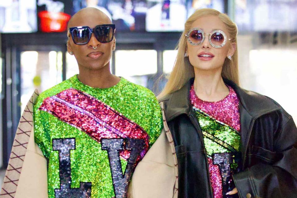 <p>Diggzy/Shutterstock</p> Ariana Grande and Cynthia Erivo attend the Super Bowl in Louis Vuitton jerseys custom 