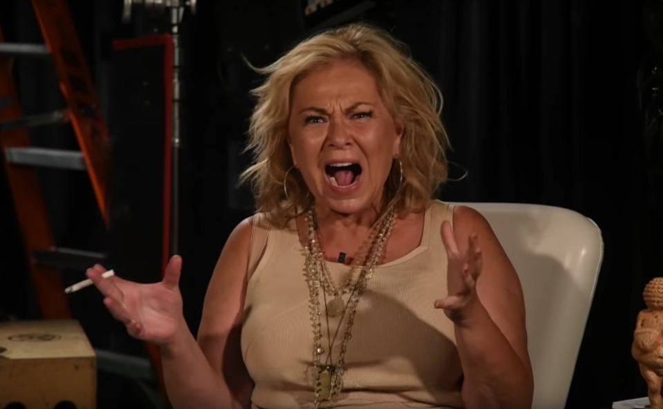 She started shouting about the tweet which saw her show axed. Photo: Youtube/Roseanne Barr