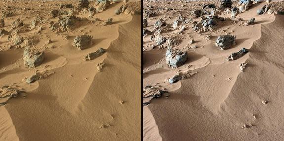 This pair of images from NASA's Curiosity rover shows part of a wind-blown deposit dubbed "Rocknest." At left is an unmodified shot, showing how the scene appears on Mars; the image at right has been white-balanced to show how it would look und