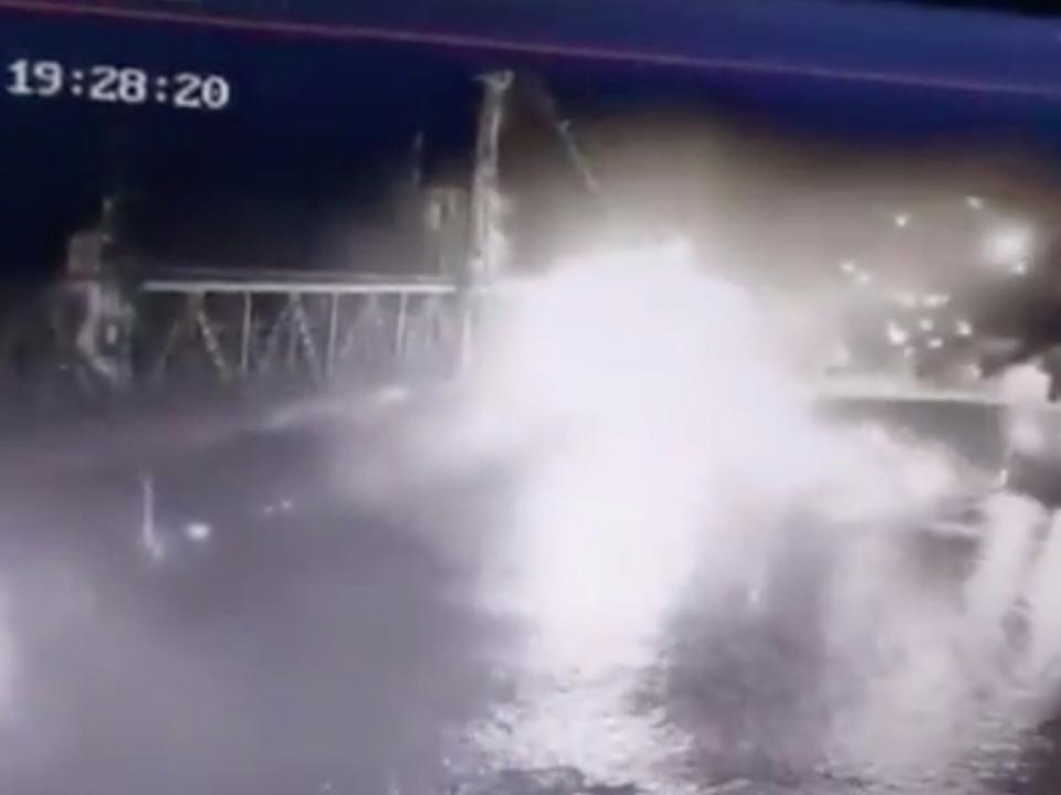 A fiery explosion caught on camera after the boat drone hit Zatoka Bridge. (ShuttleTV)