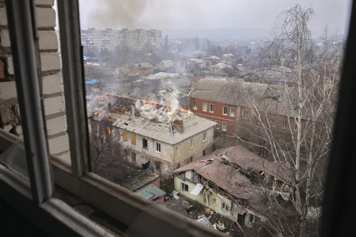 A view of the town of Bakhmut, the site of the heaviest battles with the Russian troops, Donetsk region, Ukraine, Monday, Feb. 27, 2023. (AP Photo/Yevhen Titov)