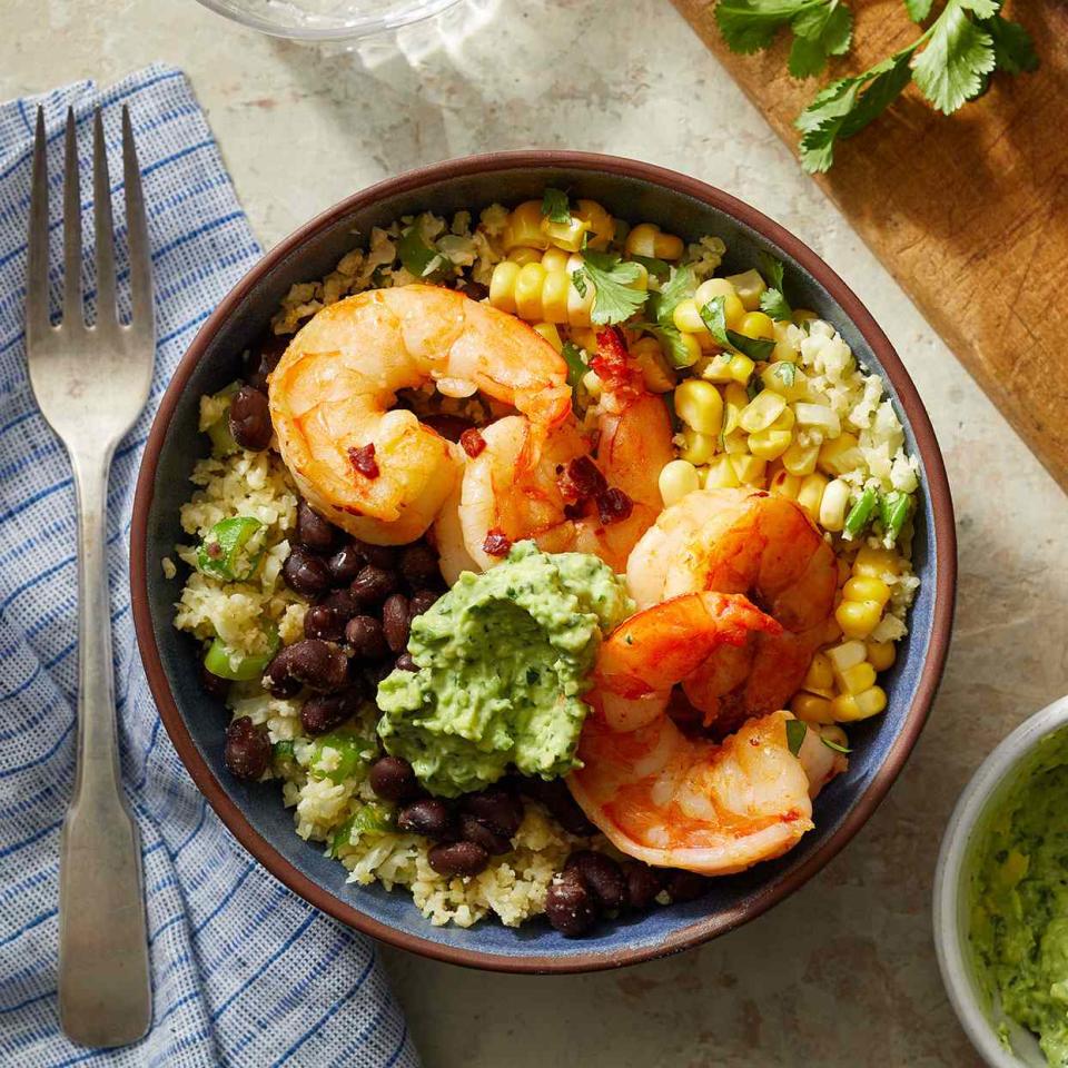 Southwestern Cauliflower Rice Bowls with Shrimp & Avocado Crema