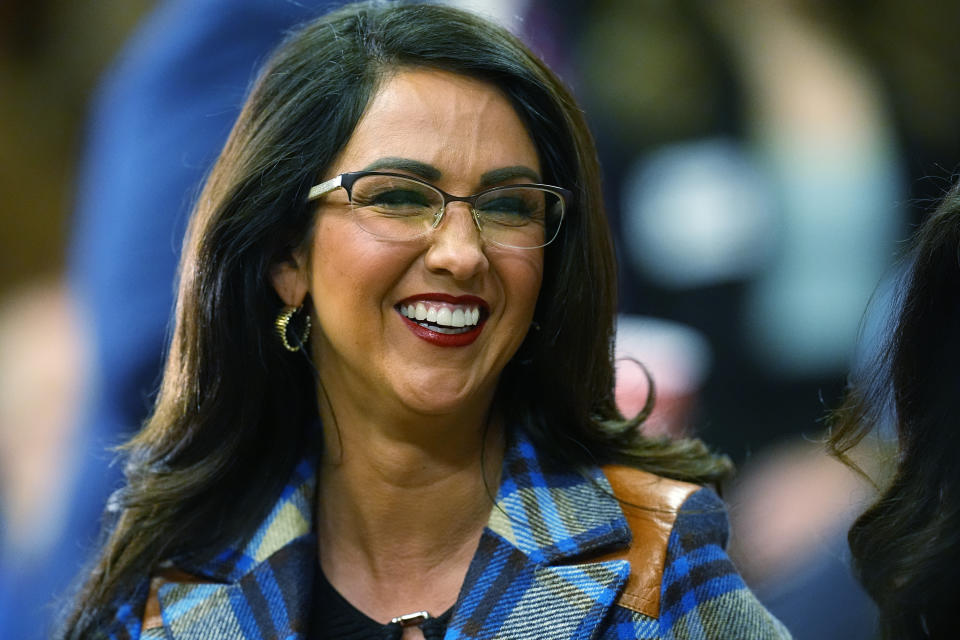 U.S. Rep. Lauren Boebert, R-Colo., jokes with well-wishers before taking part in the first Republican primary debate for the 4th Congressional district seat being vacated by Ken Buck Thursday, Jan. 25, 2024, in Fort Lupton, Colo. (AP Photo/David Zalubowski)