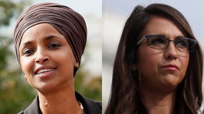 Rep. Ilhan Omar (left) called Rep. Lauren Boebert (right) an “insurrectionist who sleeps with a pervert” after the latter’s ranting House floor speech Wednesday. (Photos: Paul Morigi/Getty Images and Alex Wong/Getty Images)