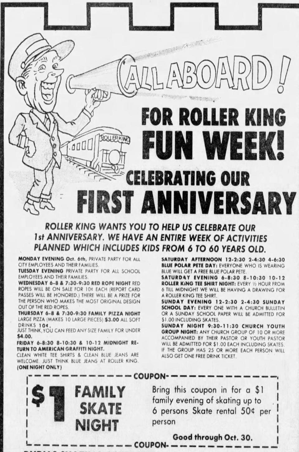 This Roller King first anniversary promotional advertisement from The Modesto Bee published in 1975 shows a discounted price of $1 for up to six people with a skate rental of 50 cents.