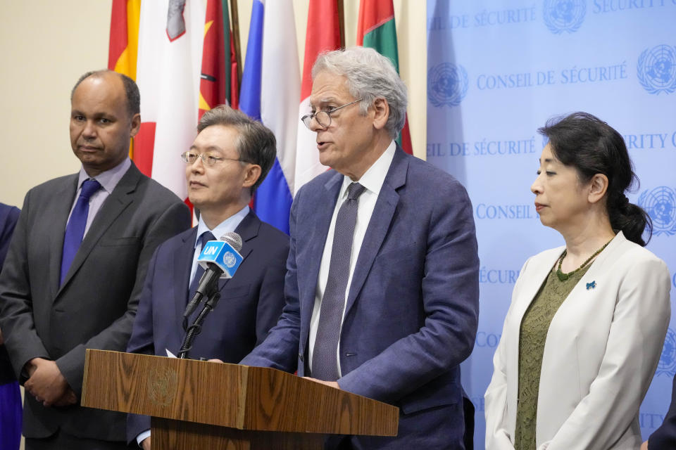 American Ambassador Jeffrey DeLaurentis, second from right, is joined by British Deputy Ambassador to the United Nations James Kariuki, left, South Korean Ambassador to the United Nations Hwang Joon-kook, second from left and Deputy Ambassador of Japan to the United Nations Shino Mitsuko as he speaks to reporters after a Security Council meeting on Non-proliferation/North Korea, Thursday, July 13, 2023, at United Nations headquarters. (AP Photo/Mary Altaffer)