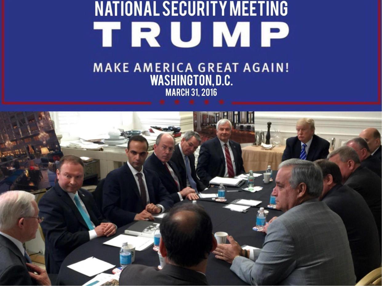 George Papadopoulos, third from left, sits at a table with then-candidate Trump and others at what is labelled at a national security meeting in Washington that was posted on 31 March 2016: Donald Trump's Twitter account via AP