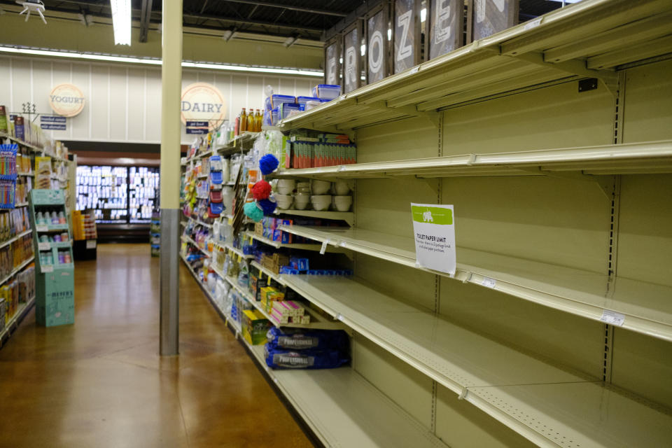 BLOOMINGTON, INDIANA, UNITED STATES - 2020/04/12: The shelves of a Fresh Thyme market are emptied of toilet paper despite a limit on Easter Sunday just before the business closed early due to the Covid-19/Coronavirus emergency, and Indiana Stay-At-Home order. (Photo by Jeremy Hogan/SOPA Images/LightRocket via Getty Images)