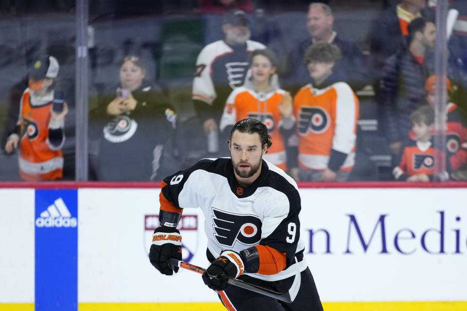Philadelphia Flyers' Ivan Provorov warms up before an NHL hockey game against the Chicago Blackhawks, Thursday, Jan. 19, 2023, in Philadelphia. (AP Photo/Matt Slocum)