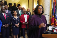 Sen. Angela Turner Ford, D-West Point, chair of the Mississippi Legislative Black Caucus, stands before the group as members expresses the group's disappointment at the passage of House Bill 1020, legislation that would create a separate court system in the Capitol Complex Improvement District, Wednesday, Feb. 8, 2023, at the Mississippi Capitol in Jackson. (AP Photo/Rogelio V. Solis)