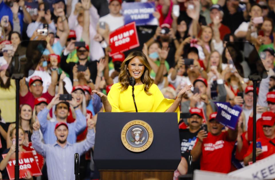 The First Lady kick-started the 2020 presidential race in a sunny yellow jumpsuit [Photo: Getty]