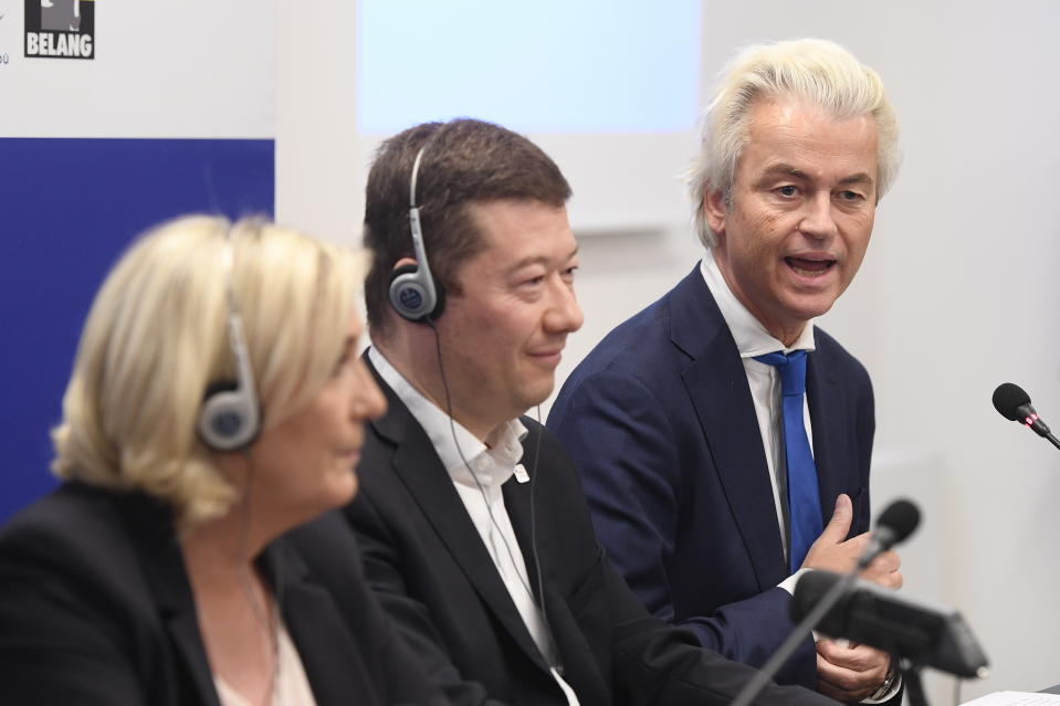 From left to right leader of French National Rally Marine Le Pen, Czech extreme-right Freedom and Direct Democracy (SPD) head Tomio Okamura and leader of Dutch Party for Freedom Geert Wilders attend a press conference before the rally against "dictate of European Union" staged by SPD in Prague, Czech Republic, on Thursday, April 25, 2019. (Ondrej Deml(Photographer/CTK via AP)