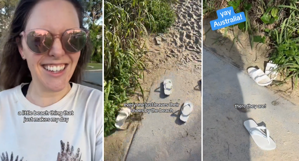 Jordana Grace talking to the camera (left) and shoes left at the beach (middle and right). 