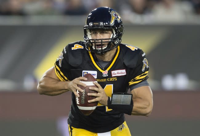 A computer model has Zach Collaros and the Tiger-Cats favoured to finish first in the East. (Darren Calabrese/The Canadian Press.)