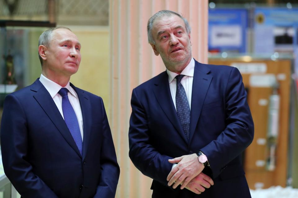 FILE - Mariinsky Theatre's Artistic Director Valery Gergiev, right, and Russian President Vladimir Putin talk to each other in Moscow, Russia, Tuesday, Jan. 30, 2018. Gergiev, who has served as director of the Mariinsky Theatre in St. Petersburg, was also appointed Friday, Dec. 1, 2023 by the Russian government the director of Moscow's Bolshoi Theater. (Mikhail Klimentyev, Sputnik, Kremlin Pool Photo via AP, File)