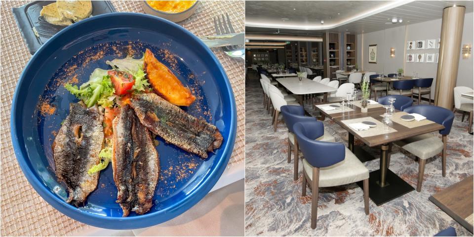 composite of sardines and dining room on Silversea's Silver Ray cruise ship