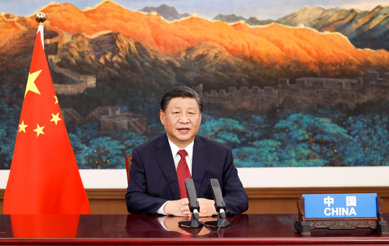 Chinese President Xi Jinping addresses the general debate of the 76th session of the United Nations General Assembly via video, in Beijing, capital of China, Sept. 21, 2021. (Photo by Huang Jingwen/Xinhua via Getty Images)