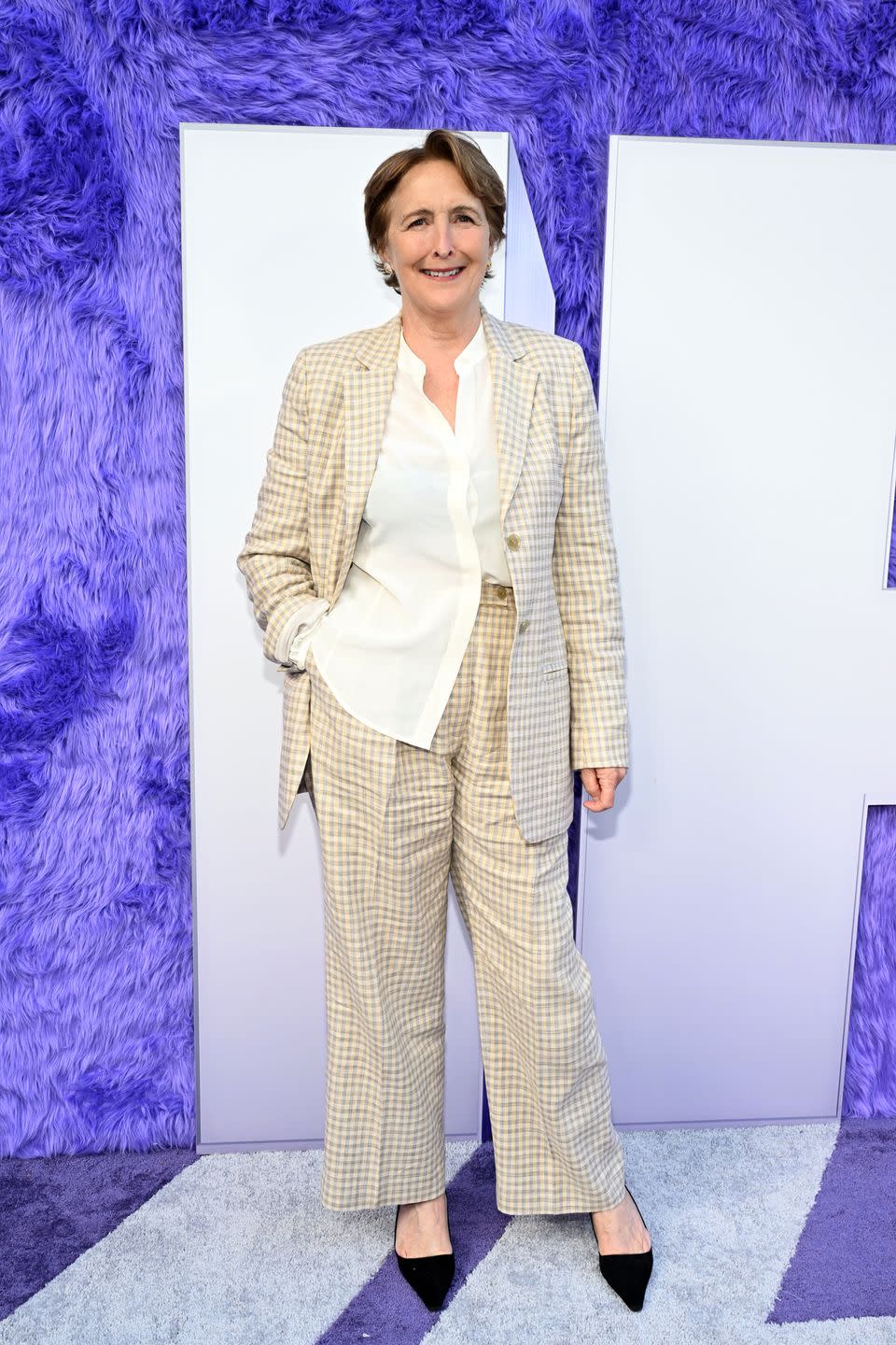 fiona shaw checked suit