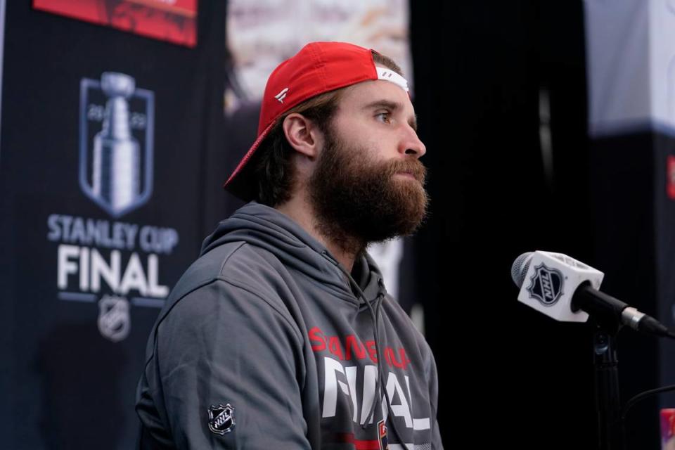 Jun 2, 2023; Las Vegas, Nevada, USA; Florida Panthers defenseman Aaron Ekblad (5) answers questions to the press during media day in advance of the 2023 Stanley Cup Final. Mandatory Credit: Lucas Peltier-USA TODAY Sports