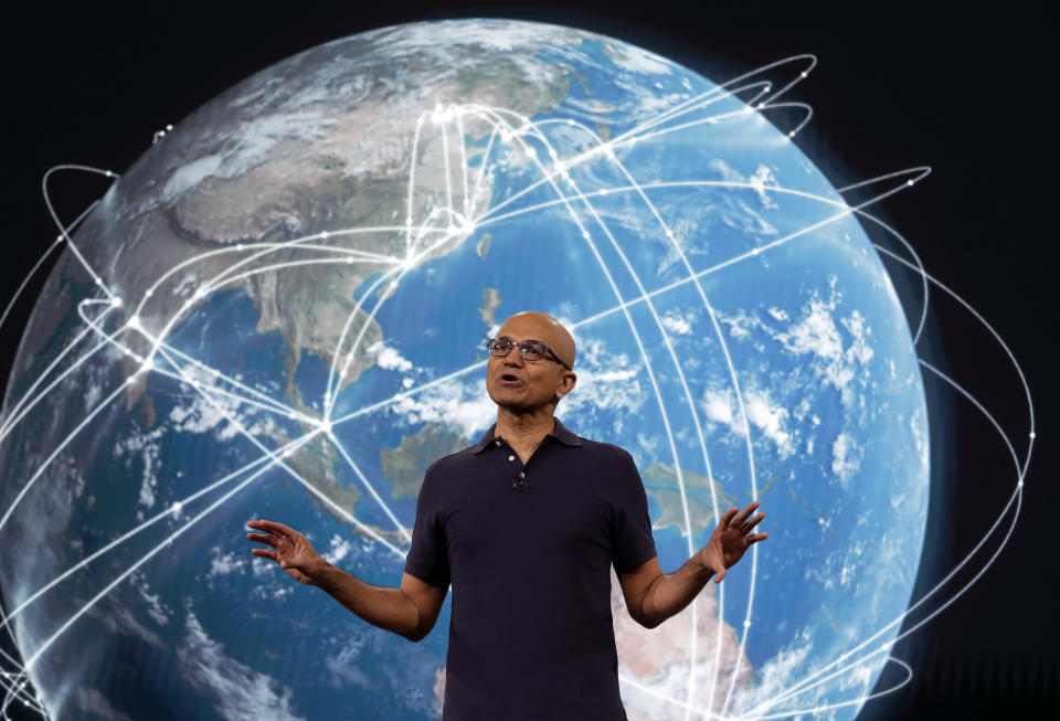 Microsoft CEO Satya Nadella delivers the keynote address at Build, the company's annual conference for software developers Monday, May 6, 2019, in Seattle. (AP Photo/Elaine Thompson)