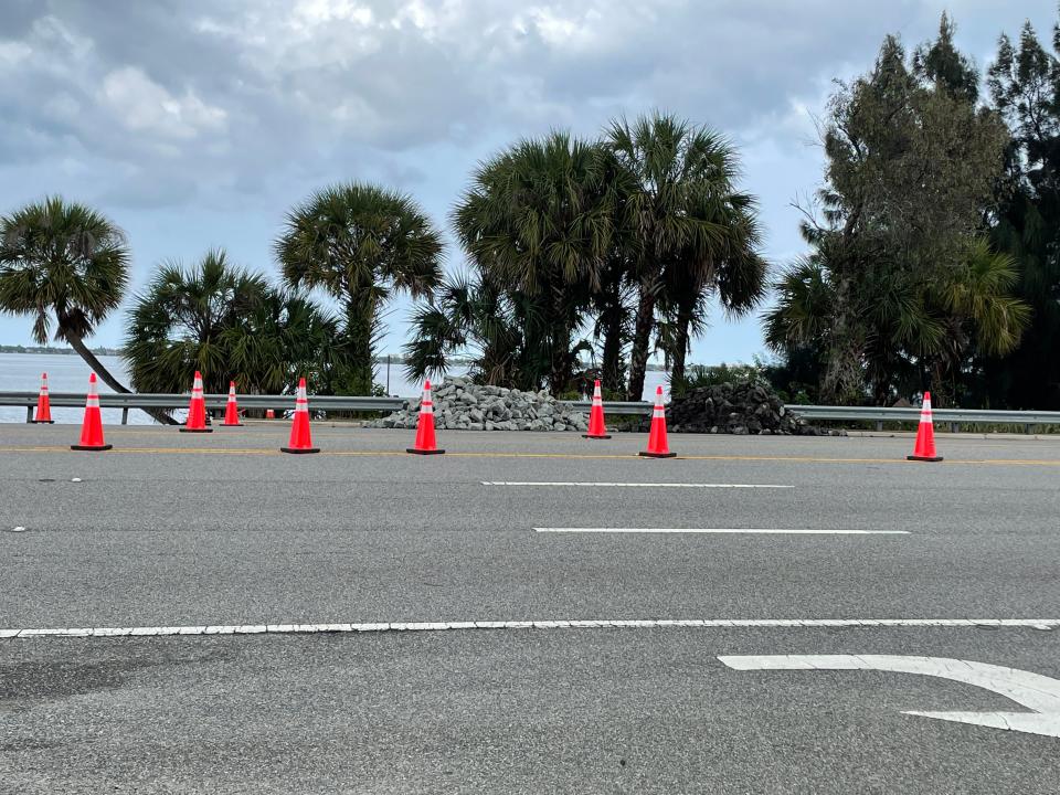All northbound lanes of South Harbor City Boulevard near the Nissan dealership were closed Friday after "significant erosion along the riverbank" according to the Florida Department of Transportation.